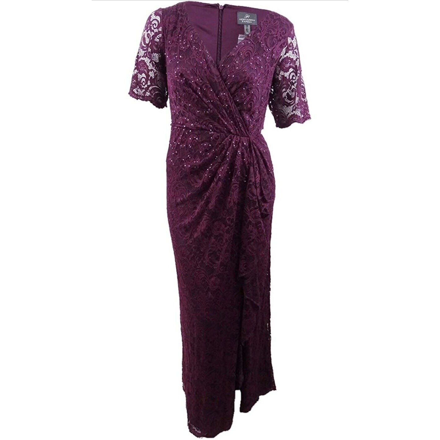 Nwt Adrianna Papell Floor Length Lace Dress W/ Draped Skirt, Eggplant, Sz 14